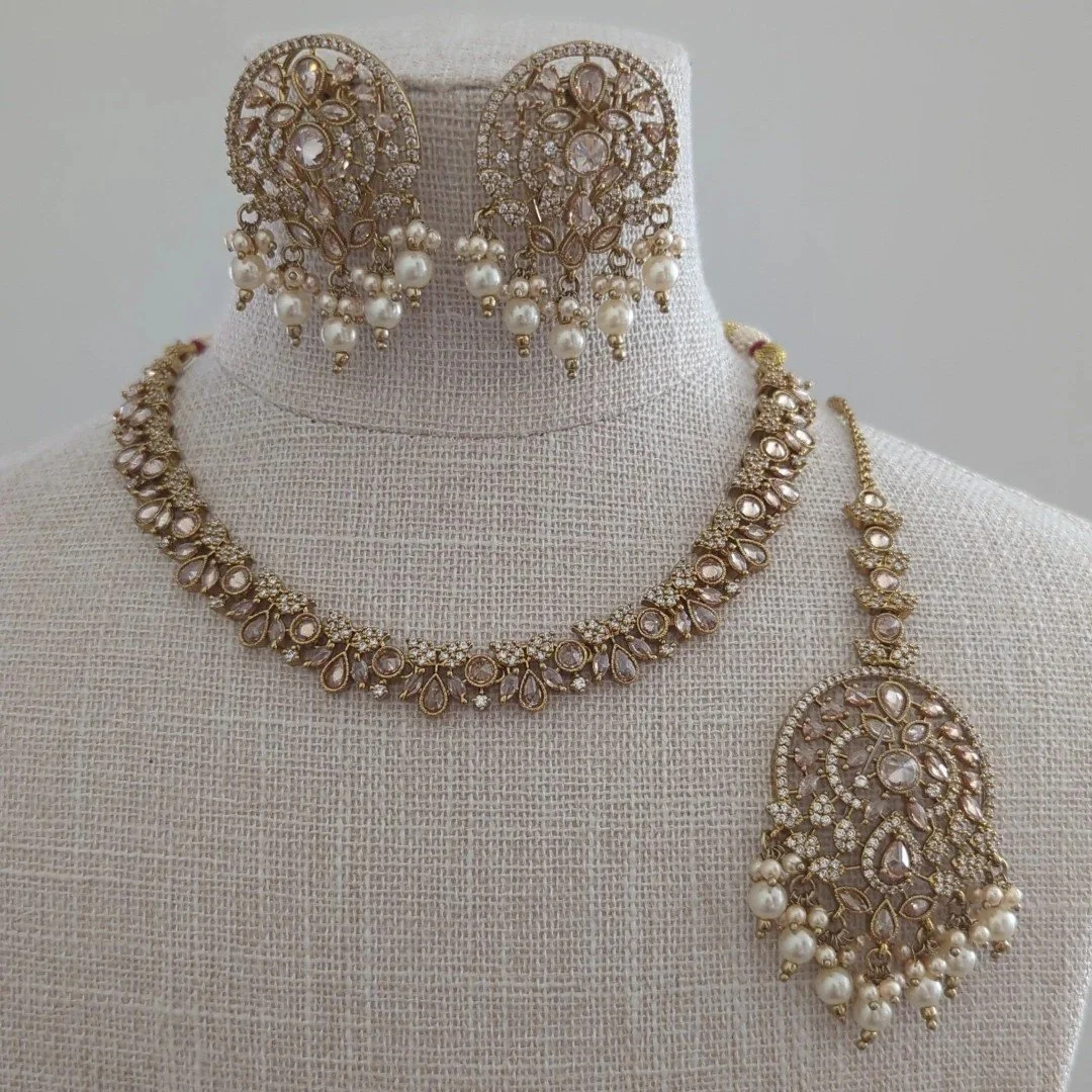 Antique Gold Champagne Simple American Diamond Neckline Jewellery Set Indian Wedding