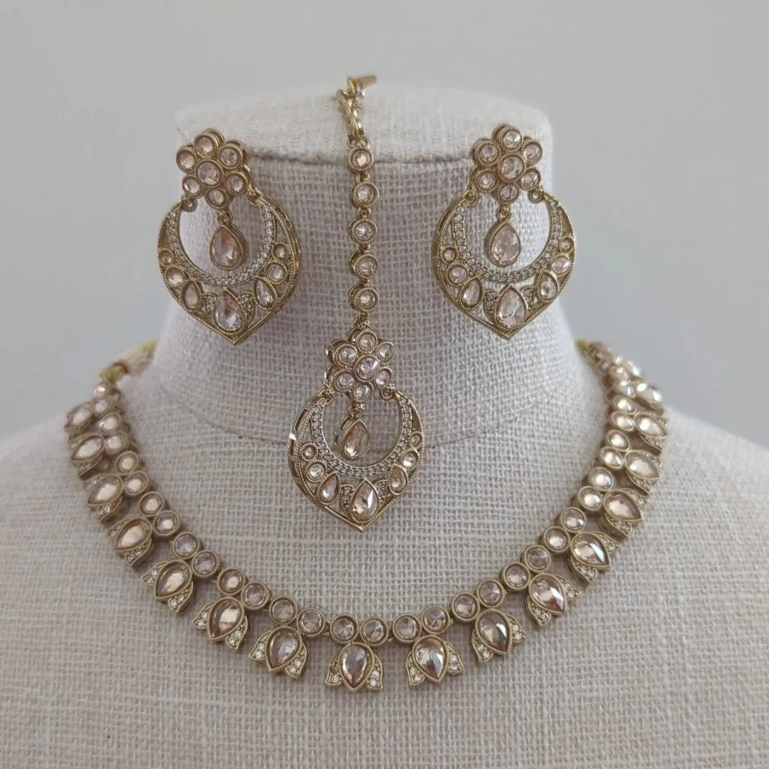 Antique Gold Polki Stone Flexible Necklace Jewellery Set