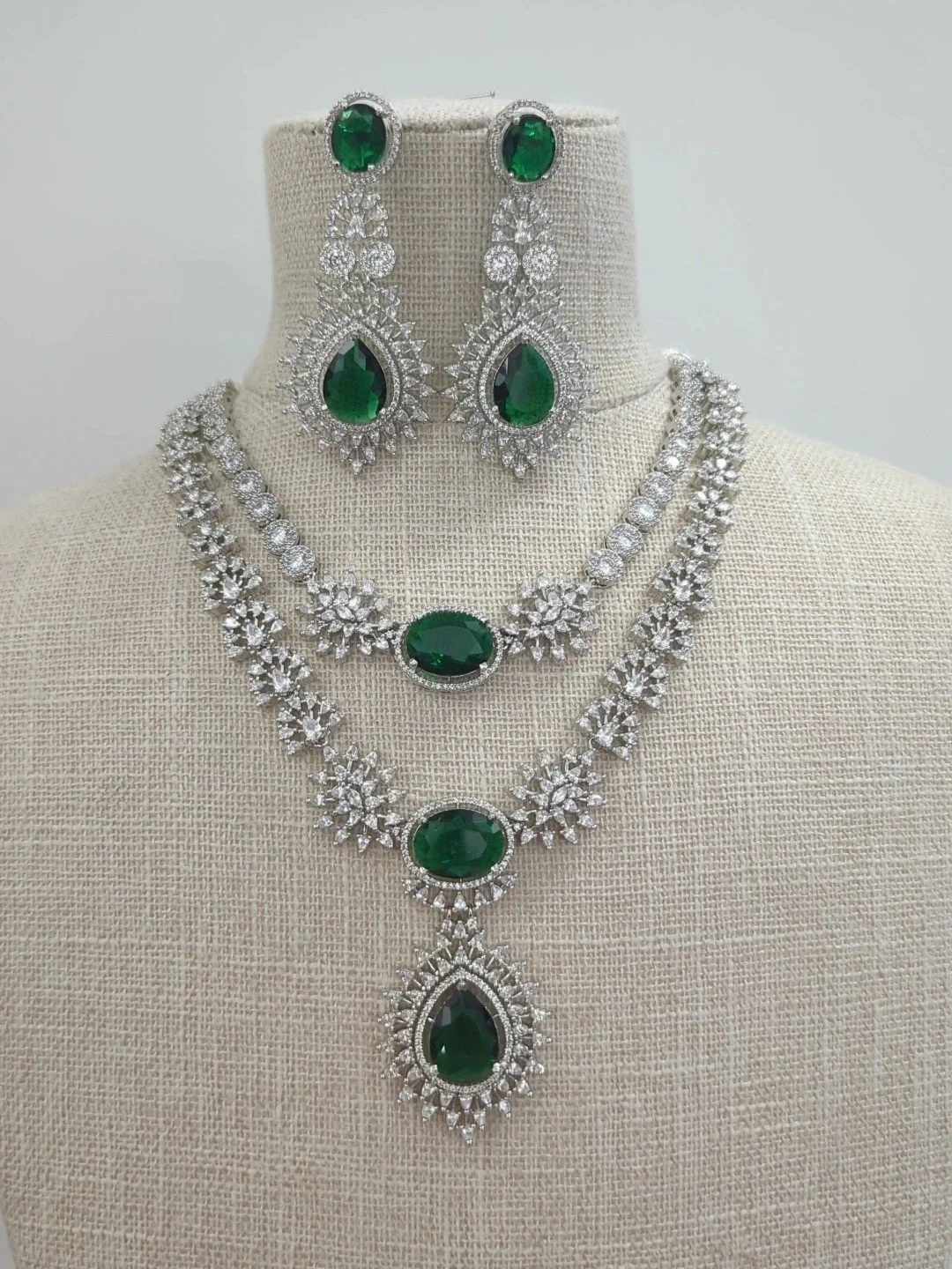 Green Silver American Diamond Indian Asian Neckline Set Wedding Party Bridal