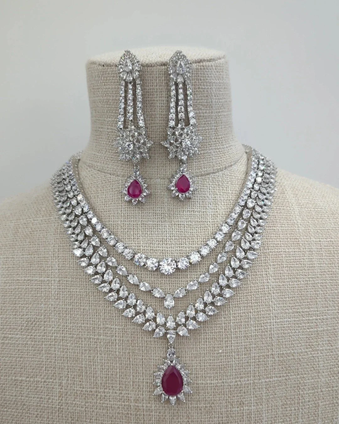 Ruby Silver American Diamond Layered Indian Asian Necklace Jewellery Set Bridal Wedding Party