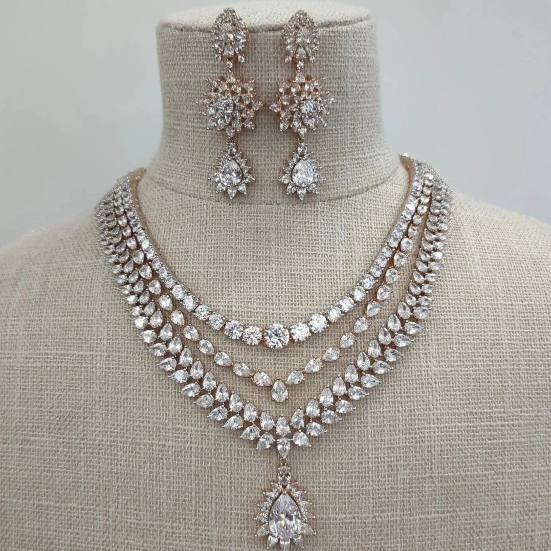 Rose Gold Silver American Diamond Layered Indian Asian Necklace Jewellery Set Bridal Wedding Party
