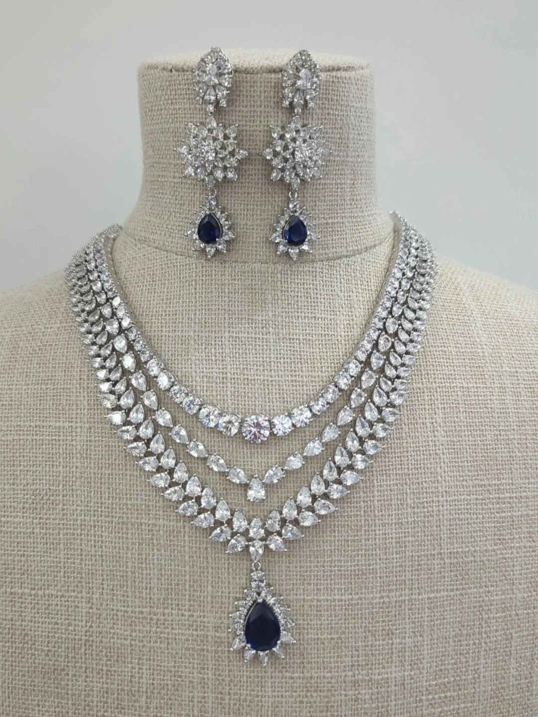 Dark Blue Silver American Diamond Layered Indian Asian Necklace Jewellery Set Bridal Wedding Party