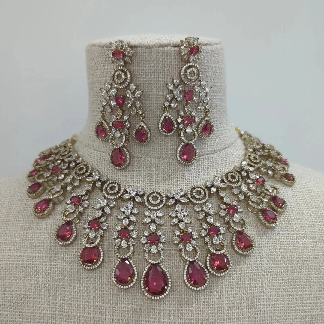 Ruby Antique Gold Silver American Diamond Indian Asian Necklace Jewellery Set Bridal Wedding Party