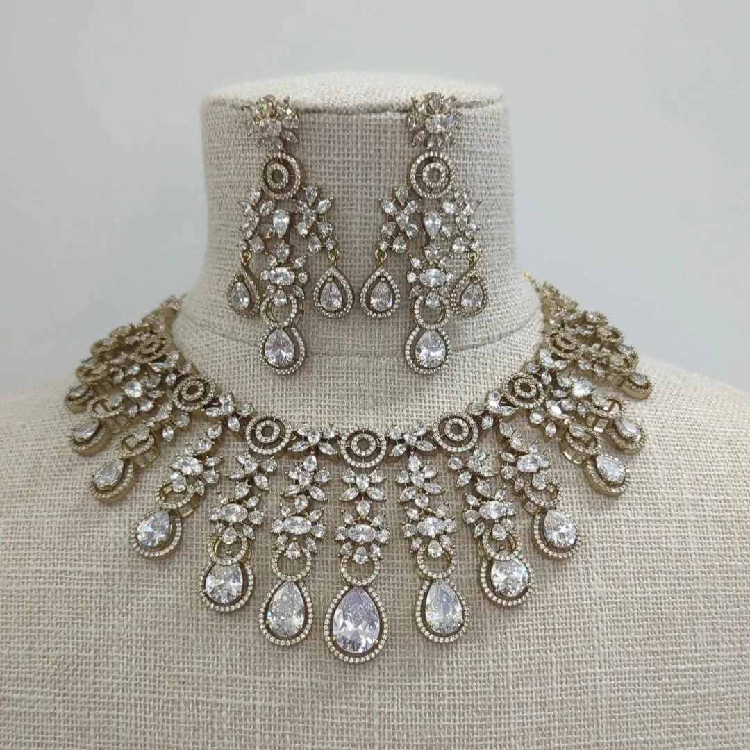 Antique Gold Silver American Diamond Indian Asian Necklace Jewellery Set Bridal Wedding Party