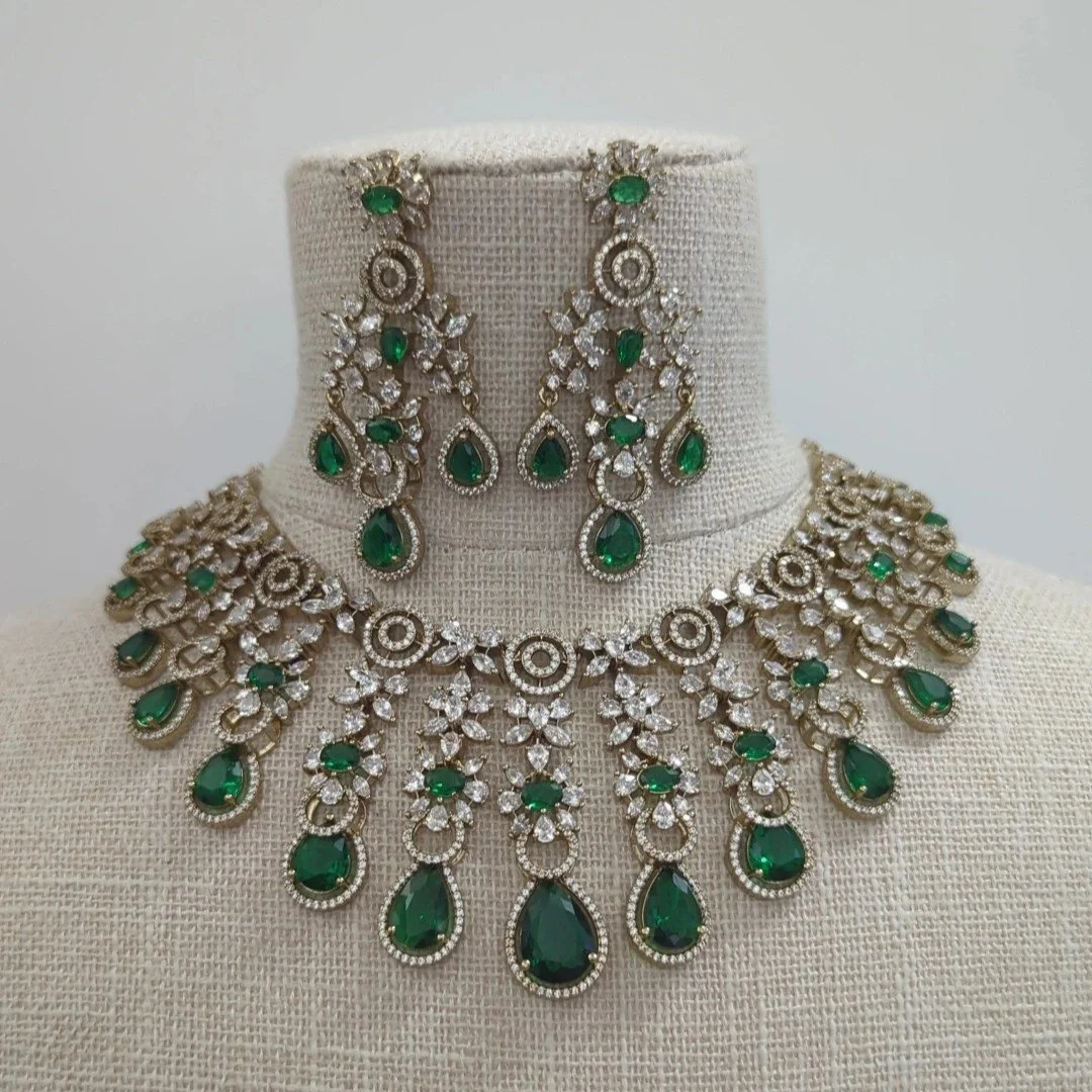 Emerald Green Antique Gold Silver American Diamond Indian Asian Necklace Jewellery Set Bridal Wedding Party