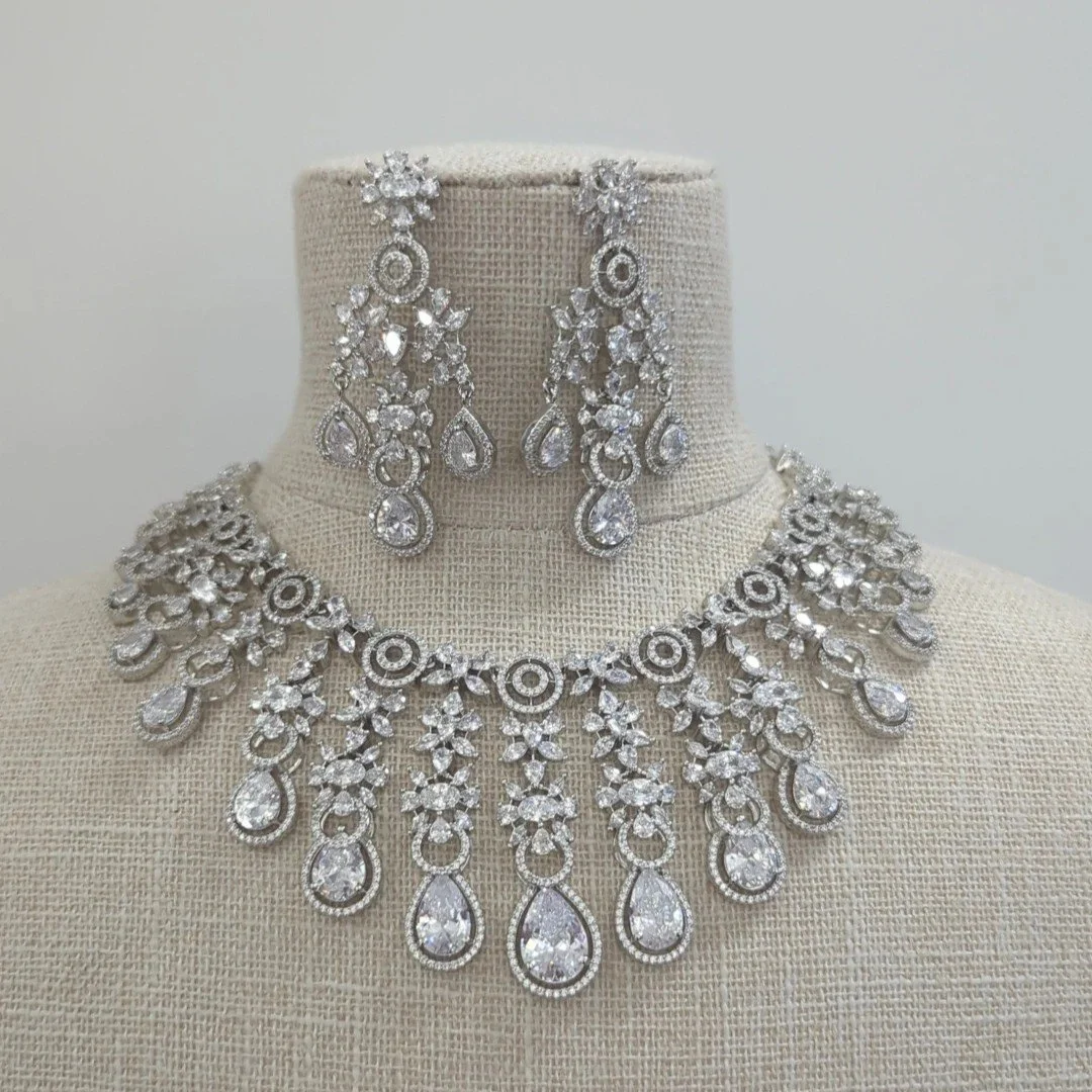 Full Silver American Diamond Indian Asian Necklace Jewellery Set Bridal Wedding Party