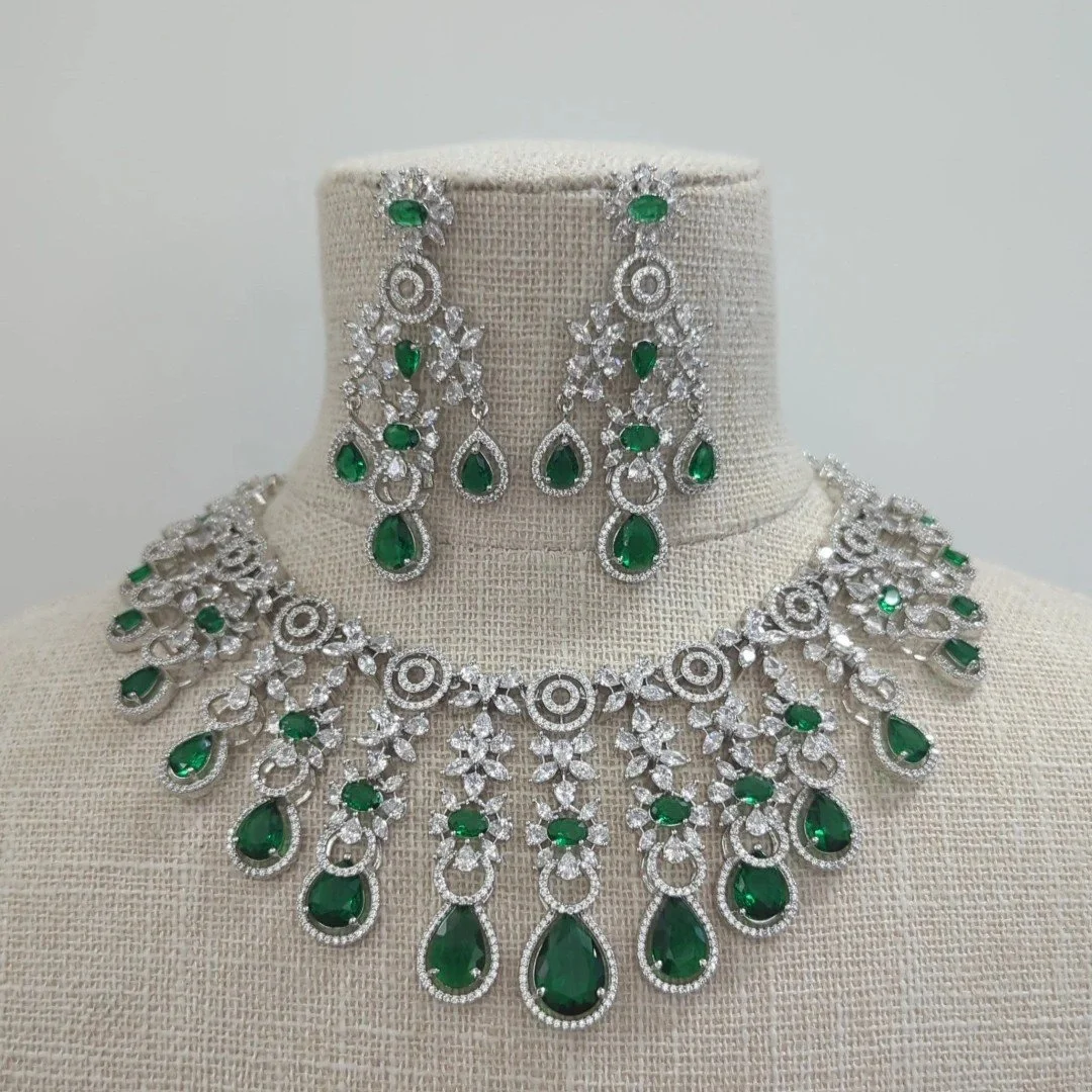 Green Silver American Diamond Indian Asian Necklace Jewellery Set Bridal Wedding Party
