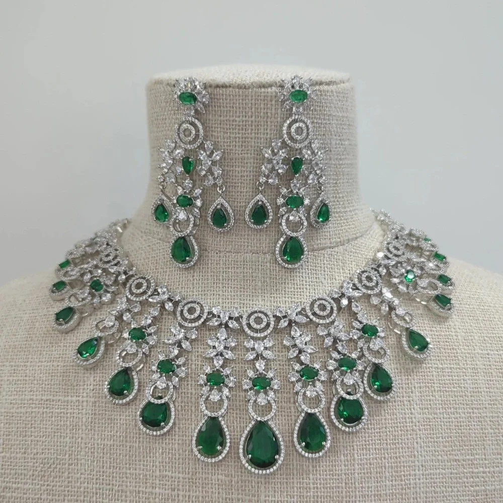 Bridal Emerald Diamond Chain Green Silver American Diamond Indian