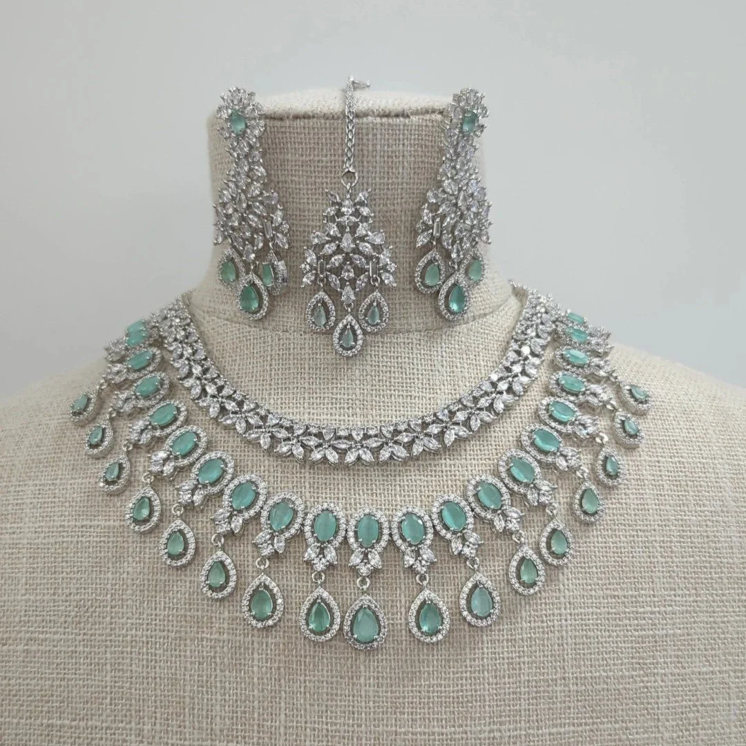 Mint Silver Layered American Diamond Necklace Jewellery Set Bridal Wedding Party
