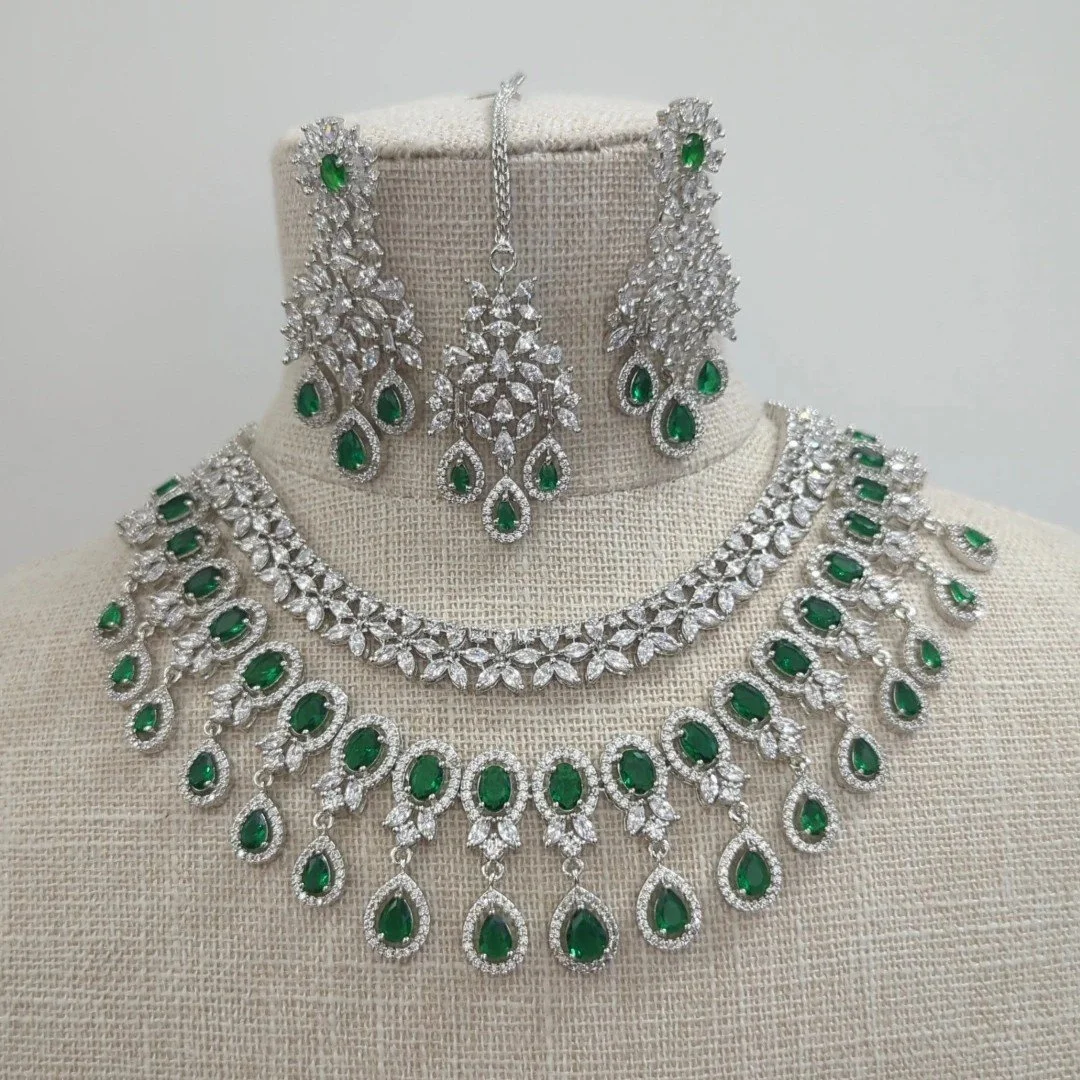 Green Silver Layered American Diamond Necklace Jewellery Jewelry Set Bridal Indian Asian