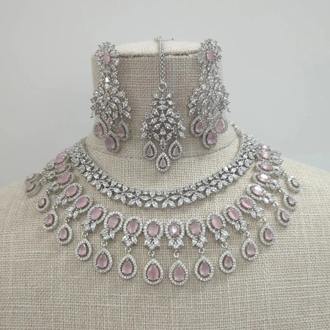 Baby Pink Silver Layered American Diamond Necklace Jewellery Set Bridal Wedding Party