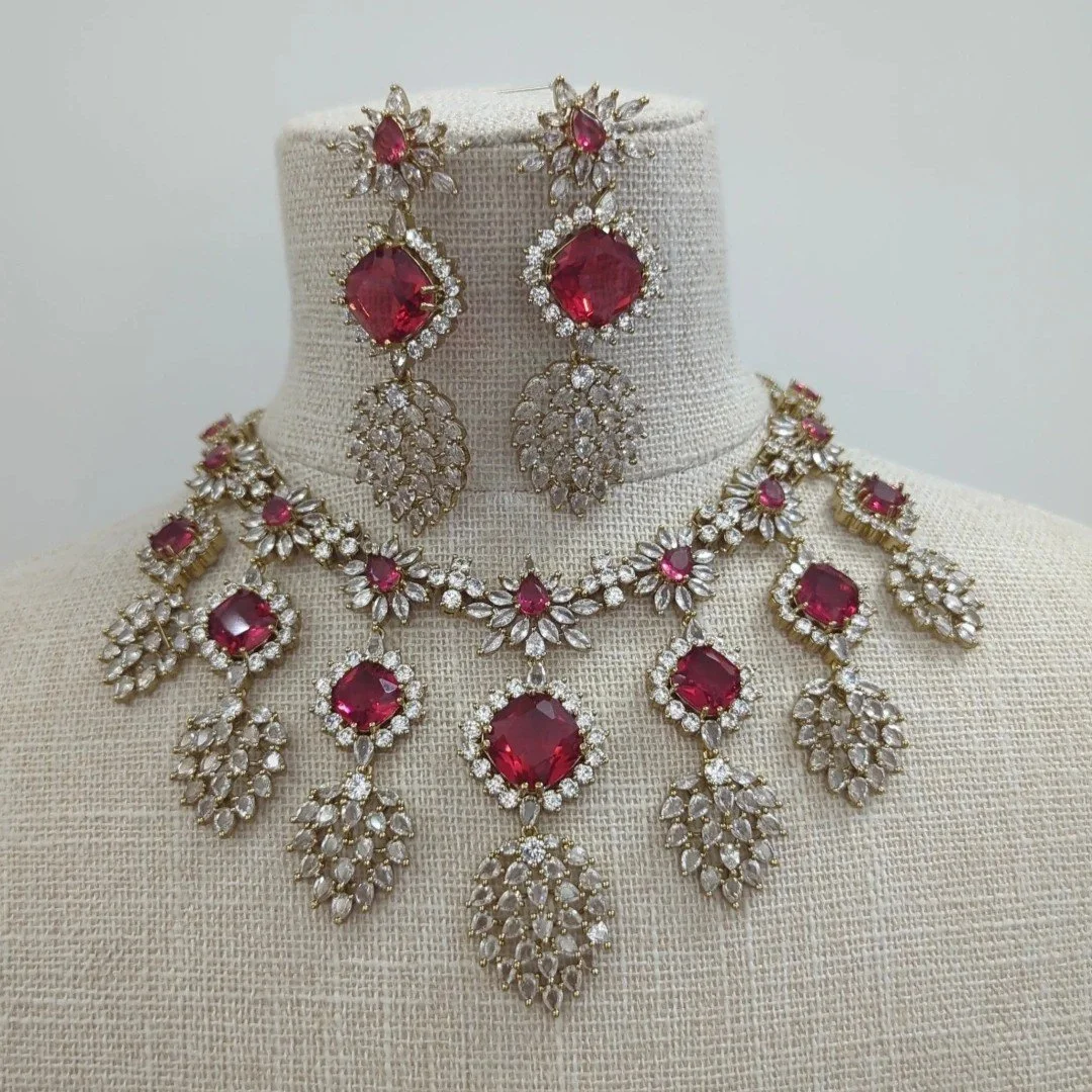 Ruby Silver Antique Gold American Diamond Necklace Set with Doublet Stones Indian Asian Wedding Bridal