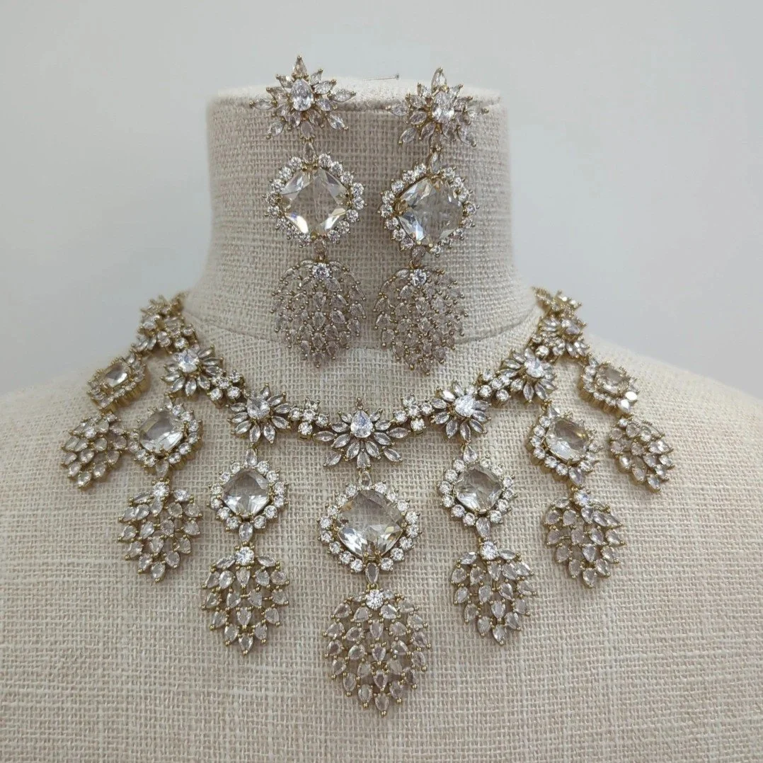 Antique Gold Silver Neutral American Diamond Drop Dangle Necklace Jewellery Set