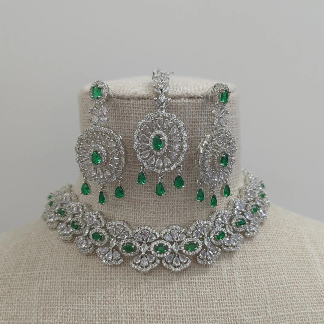 Green Silver Indian Asian Reception Jewellery American Diamond Choker Jewellery Jewelry Set Weddin