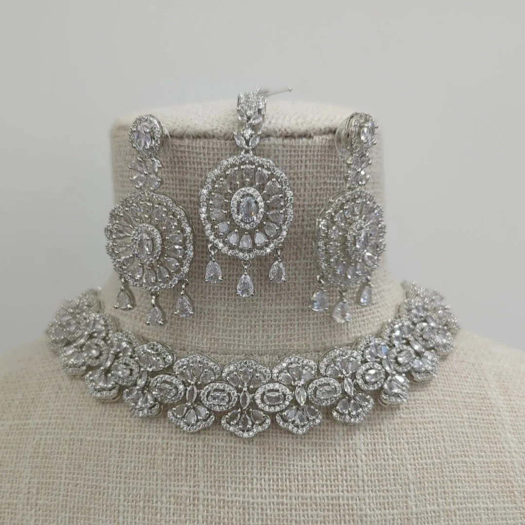 Full Silver Indian Asian Reception Jewellery American Diamond Choker Jewellery Jewelry Set Wedding