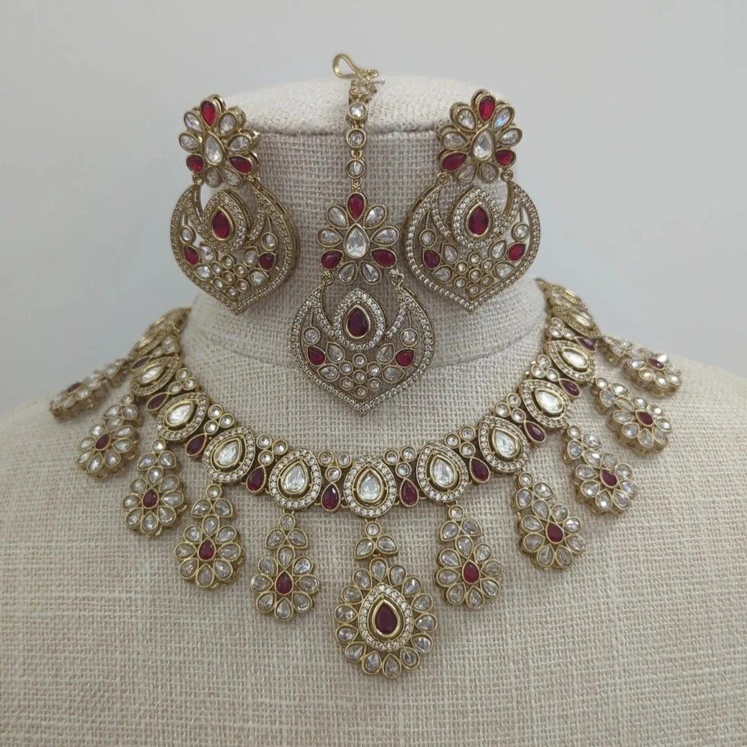 Maroon Antique Gold Polki Crystal Kundan Mosisanite Necklace Indian Jewellery Jewelry Set Wedding Party Bridal