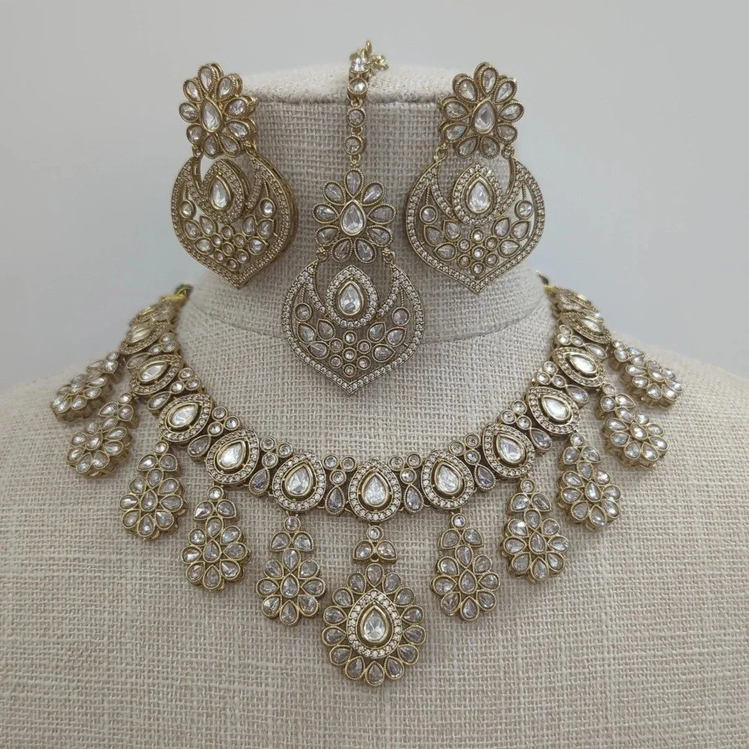 Antique Gold Polki Crystal Kundan Mosisanite Necklace Indian Jewellery Jewelry Set Wedding Party Bridal