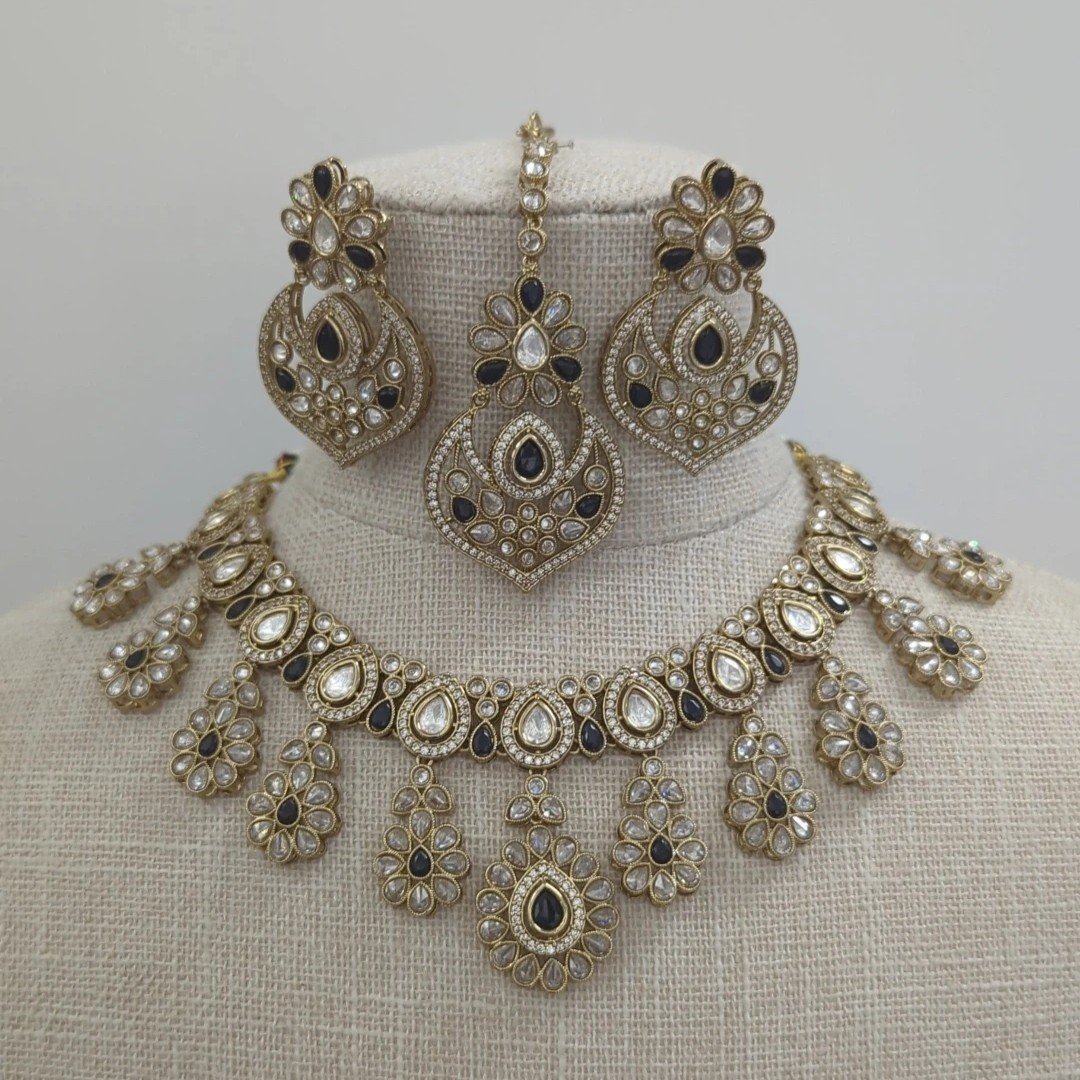 Black Antique Gold Polki Crystal Kundan Mosisanite Necklace Indian Jewellery Jewelry Set Wedding Party Bridal
