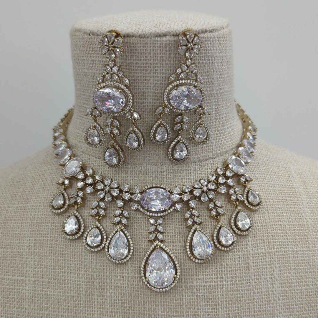 Gold Silver American Diamond Necklace Jewellery Set Indian Asian Wedding Party