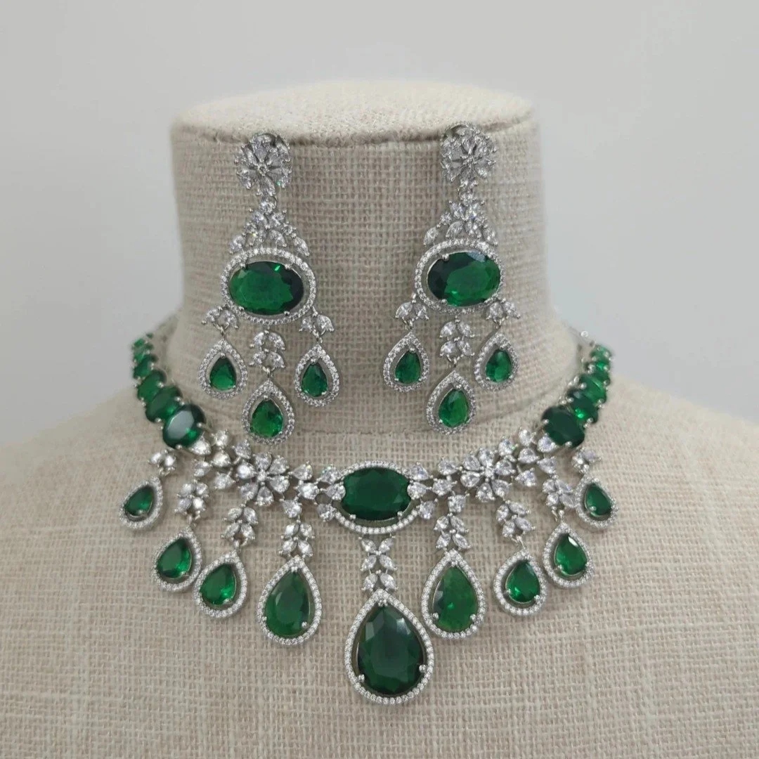 Green Silver American Diamond Necklace Jewellery Set Indian Asian Wedding Party