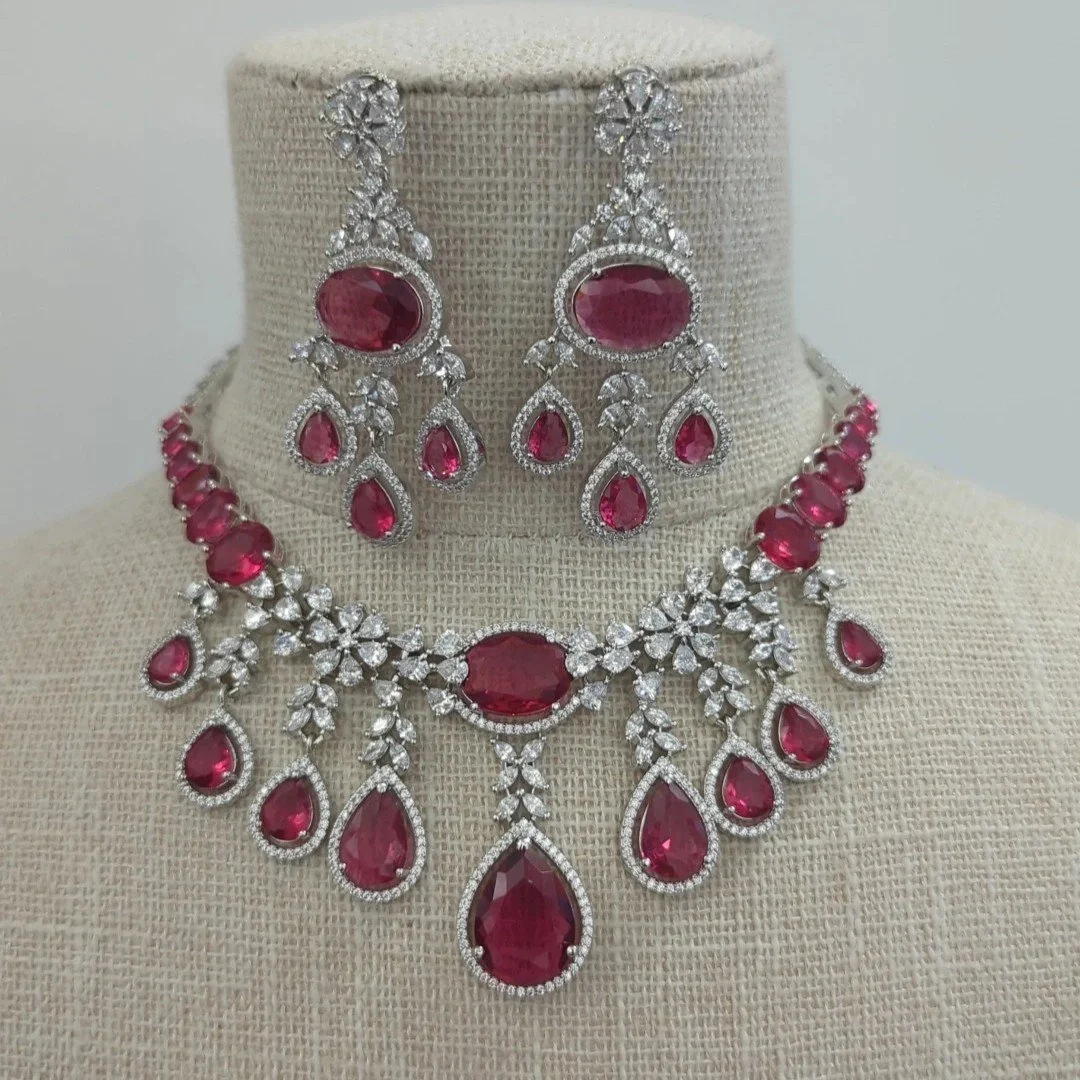 Ruby Silver American Diamond Necklace Jewellery Set Indian Asian Wedding Party
