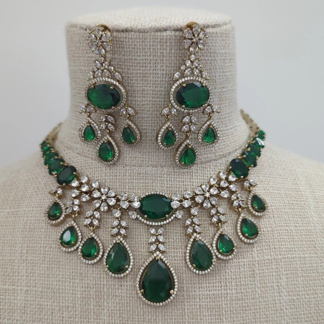 Green Gold Silver American Diamond Necklace Jewellery Set Indian Asian Wedding Party