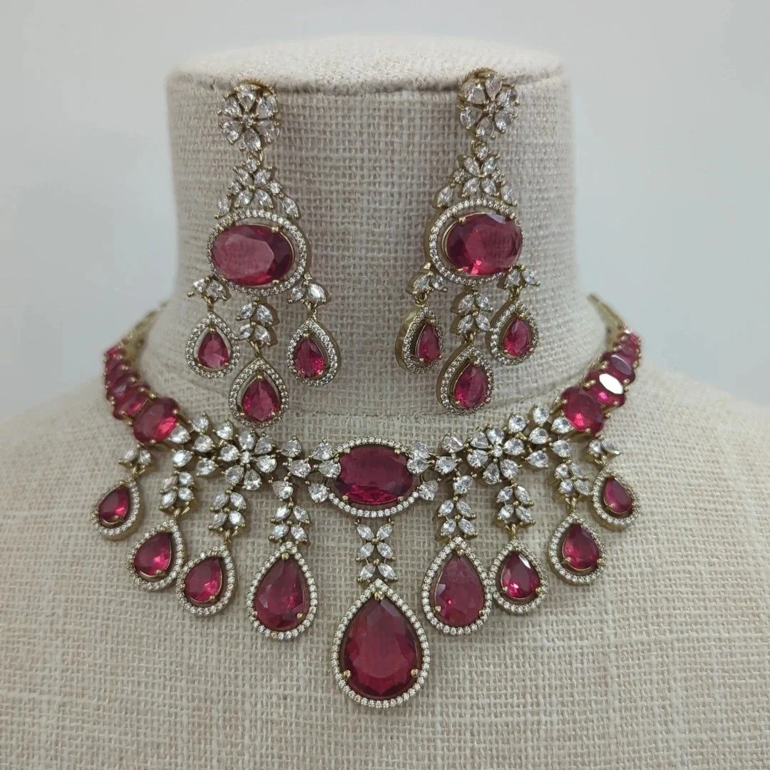 Ruby Gold Silver American Diamond Necklace Jewellery Set Indian Asian Wedding Party
