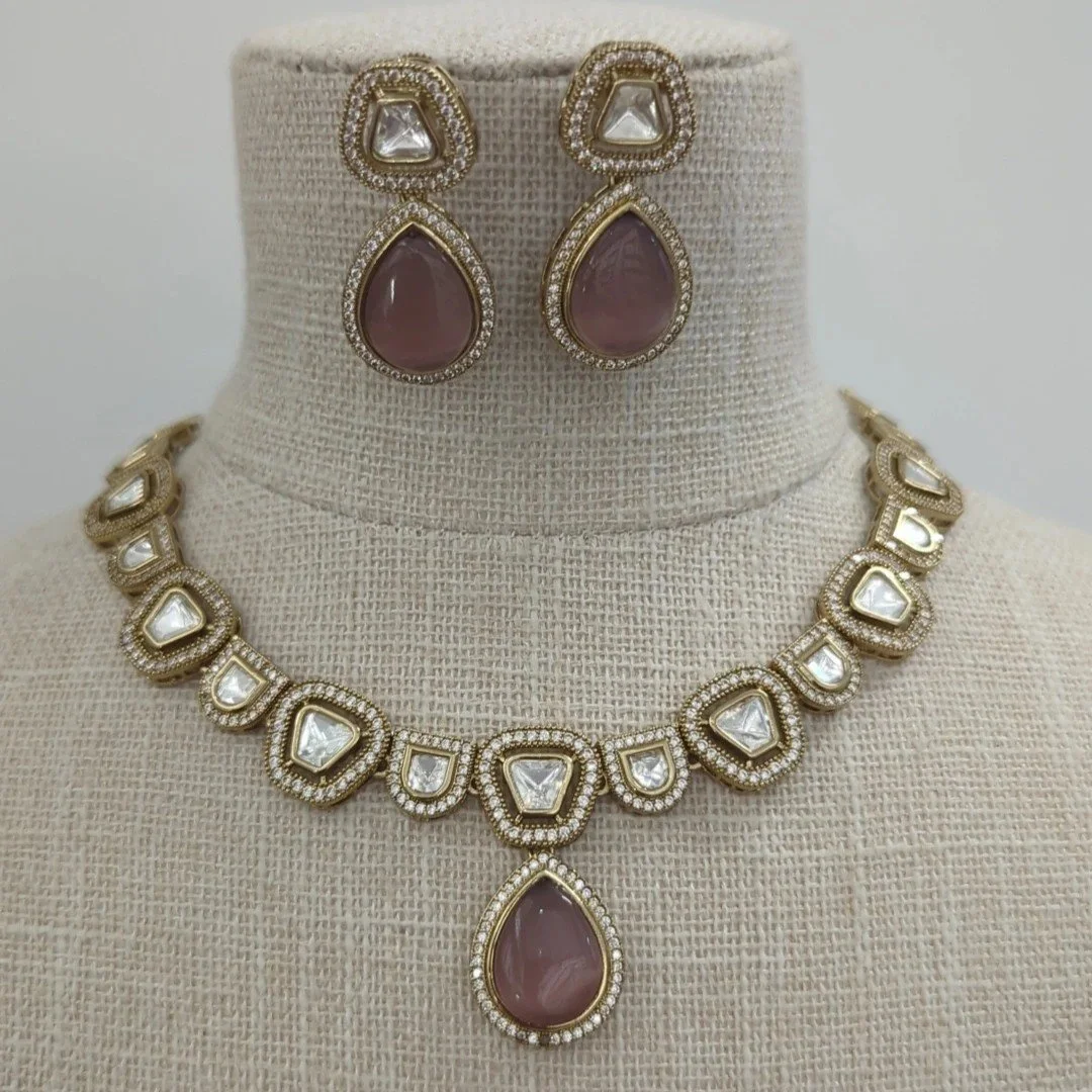 Mauve Lilac Gold Silver Moissanite Necklace Jewellery Set Wedding Party Jewellery