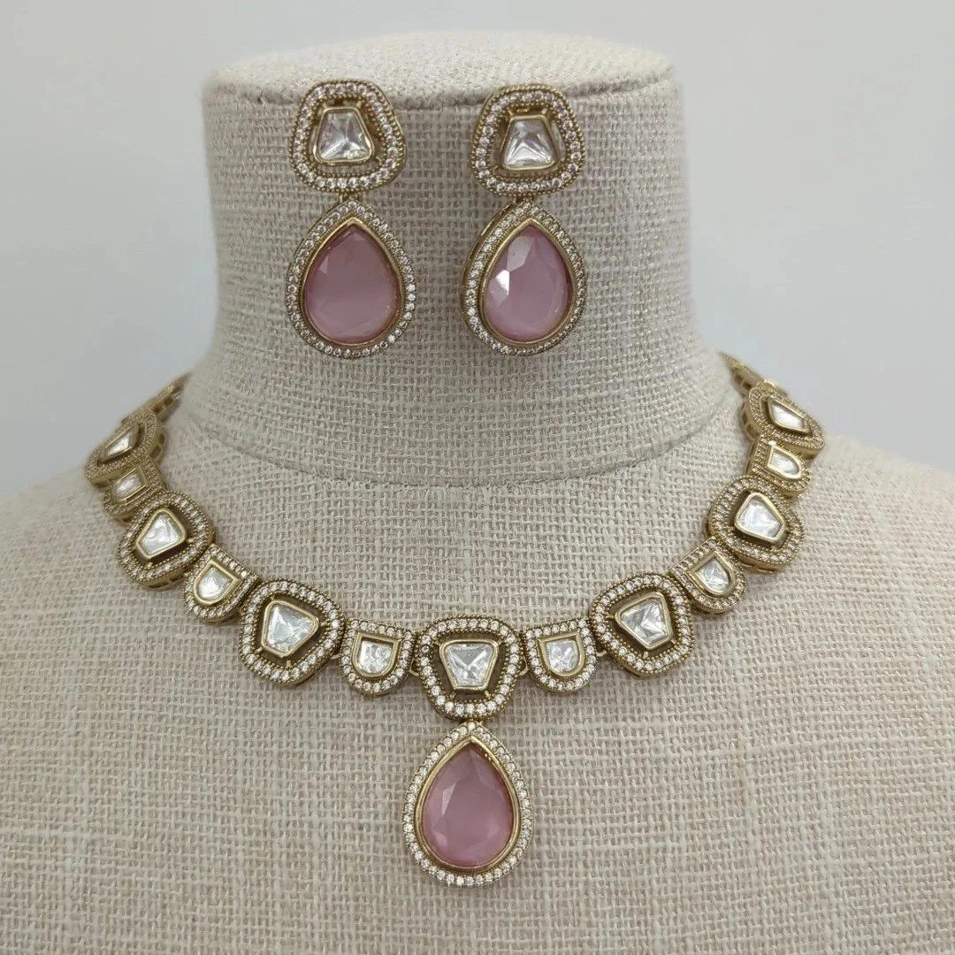 Baby Pink Gold Silver Moissanite Necklace Jewellery Set Wedding Party Jewellery