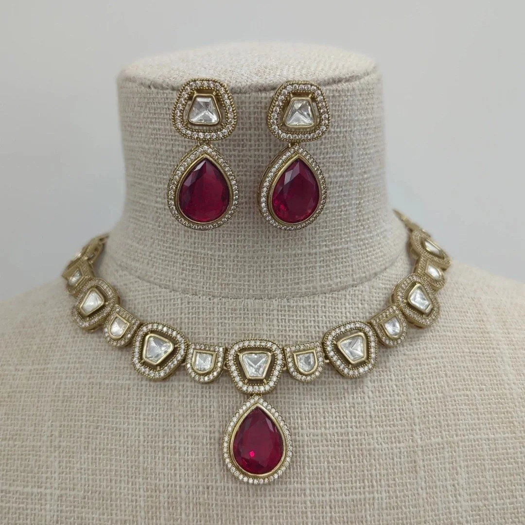 Hot Pink Gold Silver Moissanite Necklace Jewellery Set Wedding Party Jewellery