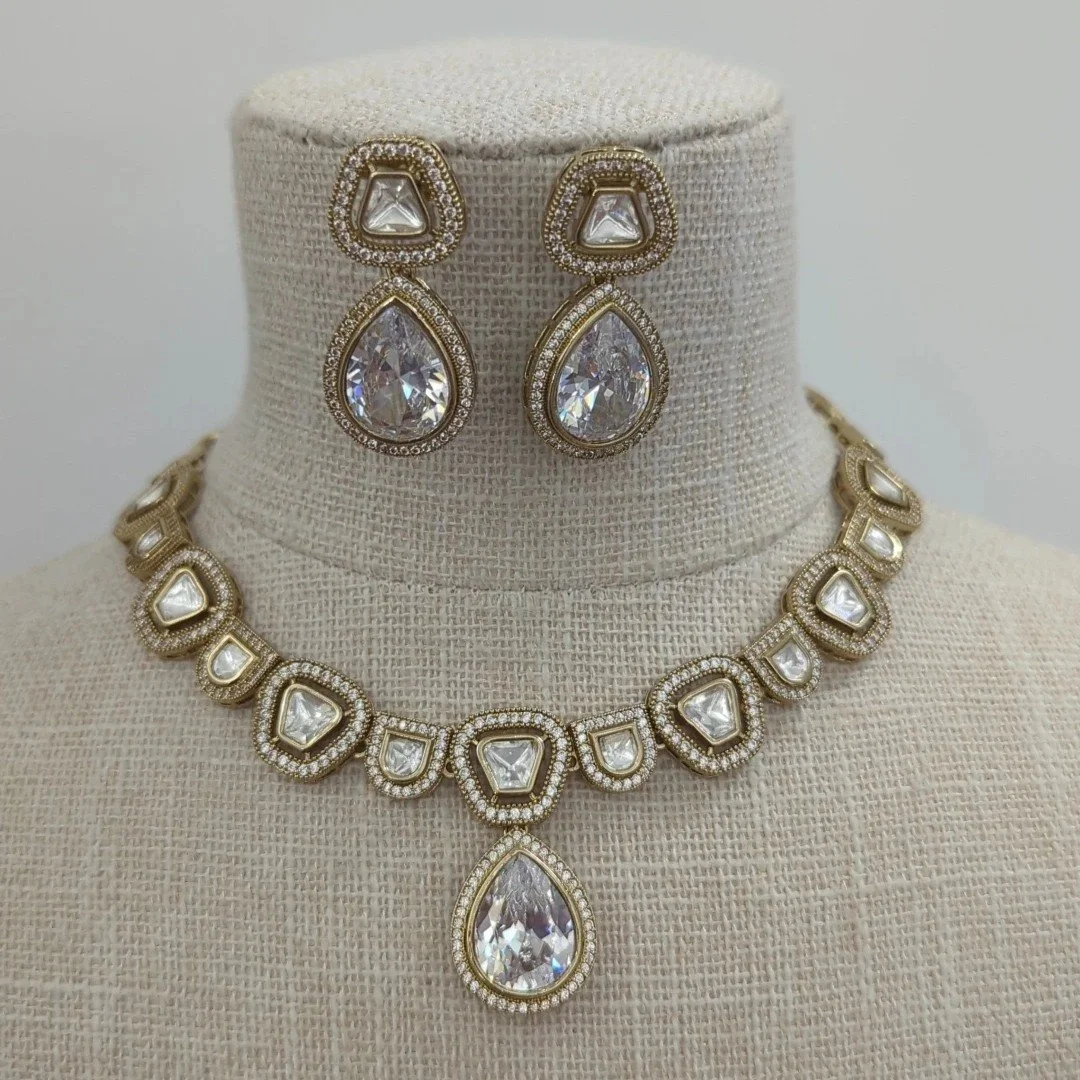 Gold Silver Moissanite Necklace Jewellery Set Wedding Party Jewellery