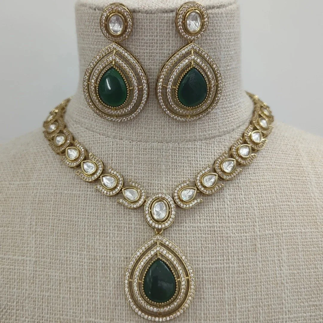 Green Gold Silver Indian Asian Moissanite Pendant Necklace Jewellery Jewelry Set Wedding Party