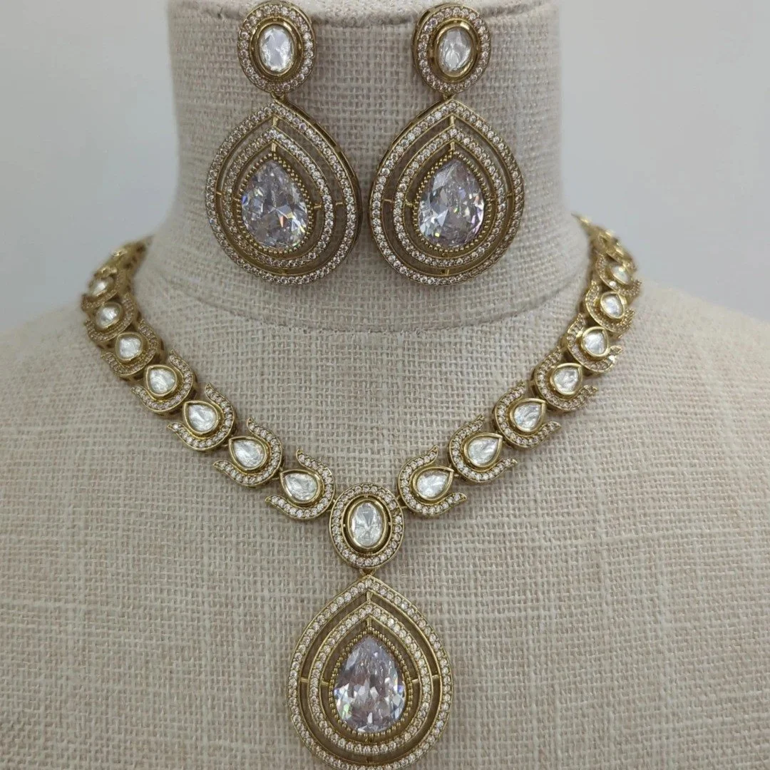 Gold Silver Indian Asian Moissanite Pendant Necklace Jewellery Jewelry Set Wedding Party