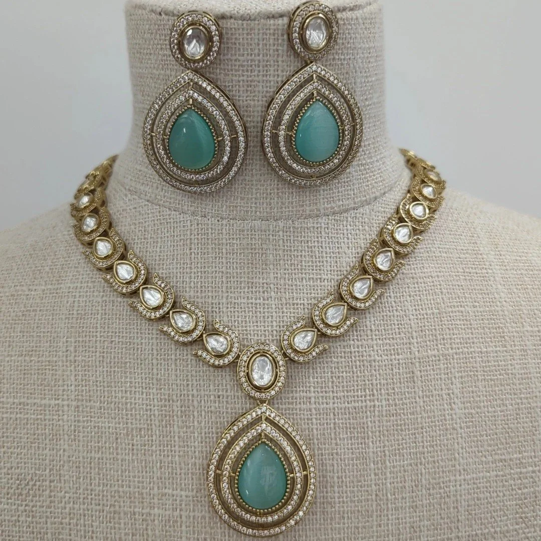 Mint Gold Silver Indian Asian Moissanite Pendant Necklace Jewellery Jewelry Set Wedding Party