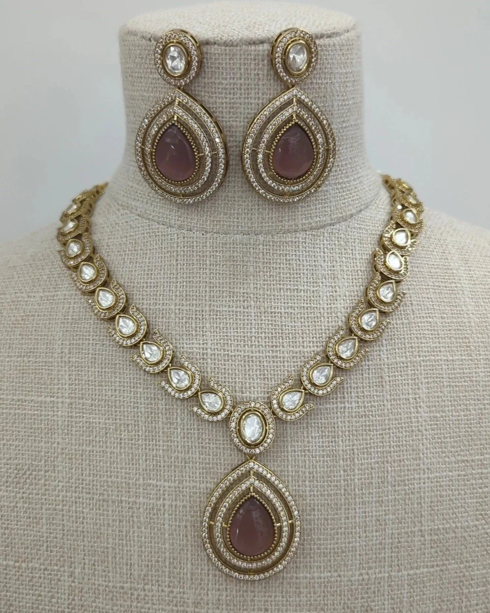 Mauve Lilac Gold Silver Indian Asian Moissanite Pendant Necklace Jewellery Jewelry Set Wedding Party