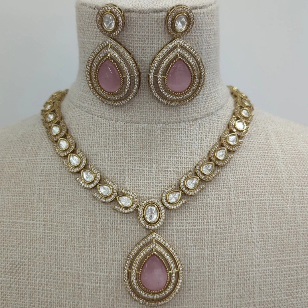 Baby Pink Gold Silver Indian Asian Moissanite Pendant Necklace Jewellery Jewelry Set Wedding Party
