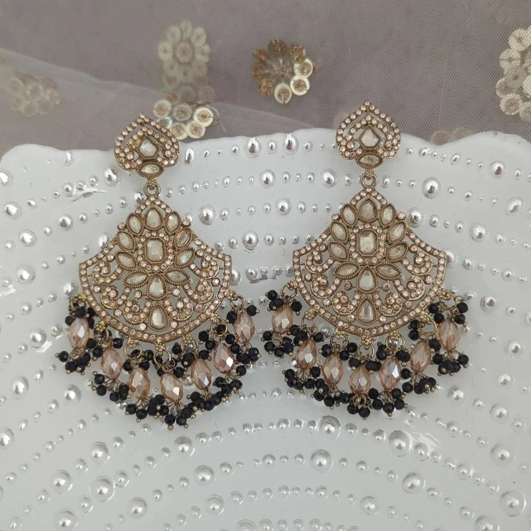 Black Antique Gold Stone Champagne Bead 'SONALI' Chandelier Earrings