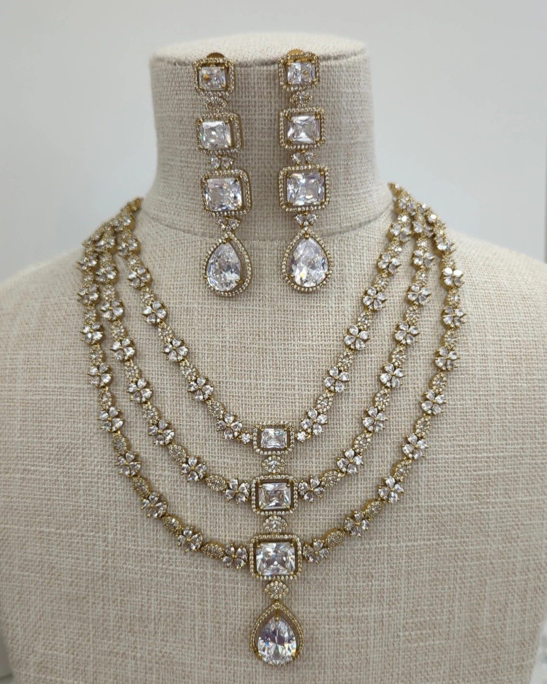 Antique Gold Silver Amercian Diamond Indian Asian Layered V Shape Necklace Jewellery Set