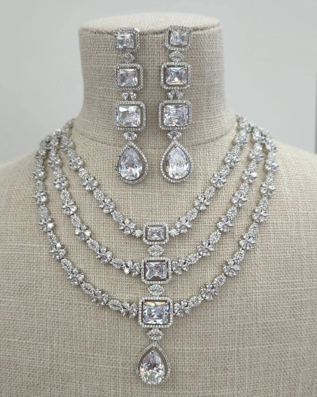 Full Silver American Diamond Indian Asian Layered Bridal Necklace Jewellery Jewelry Set