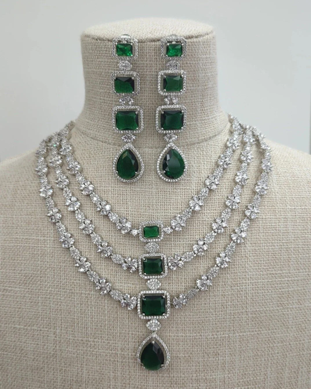 Green Silver American Diamond Indian Asian Layered Bridal Necklace Jewellery Jewelry Set