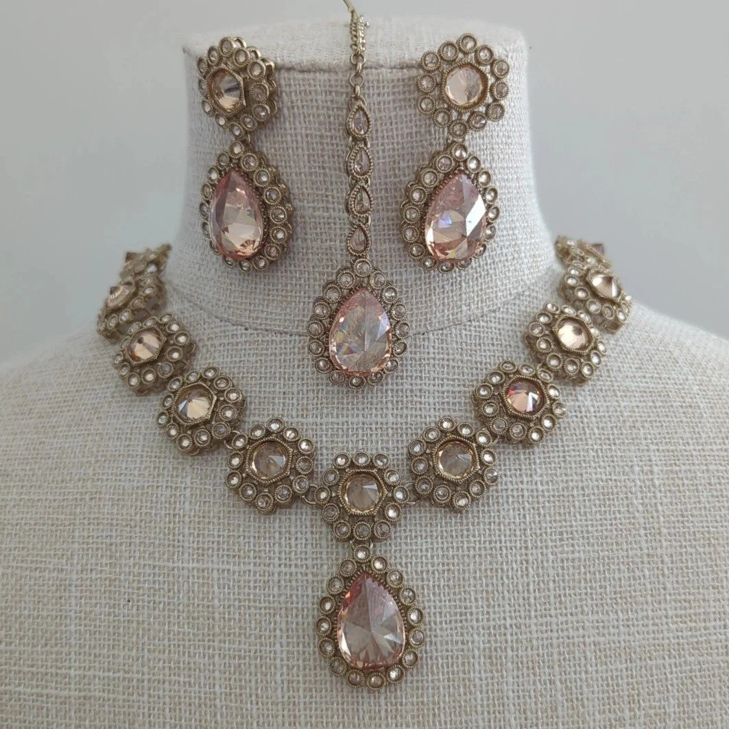 Simple Indian Asian Antique Gold Polki Crystal Necklace Jewellery Set Wedding Party Bridal Bridesmaid