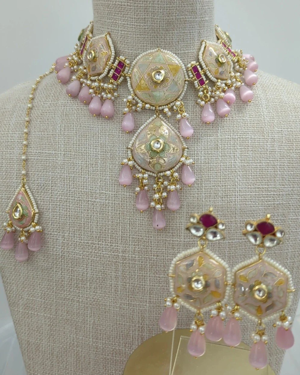 Baby Pink Meenakari Pachi Kundan Choker Jewellery Jewelry Set Wedding Party