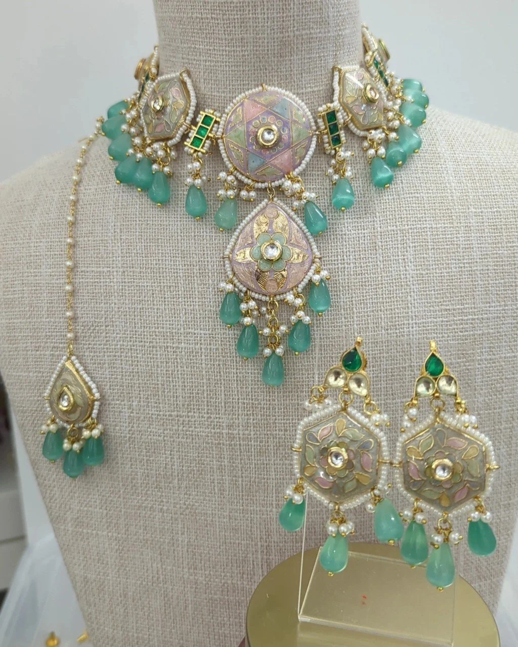 Aqua Mint Meenakari Pachi Kundan Choker Jewellery Jewelry Set Wedding Party
