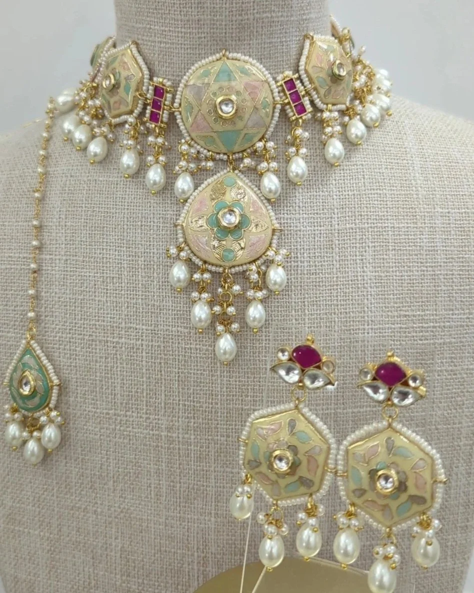 Ivory Neutral Meenakari Pachi Kundan Choker Jewellery Jewelry Set Wedding Party