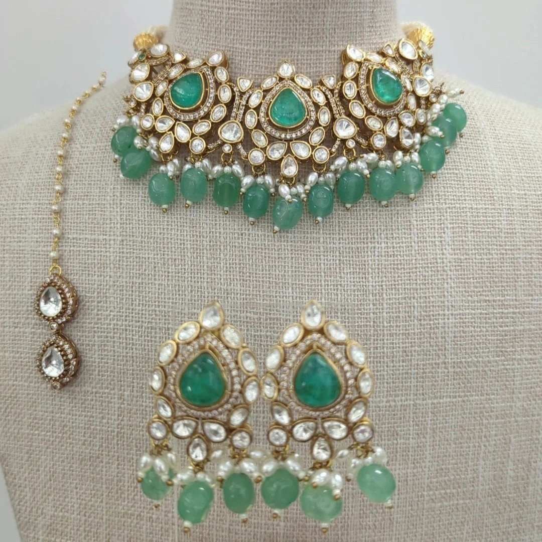 Mint Jade Green Gold Silver Moissanite Choker Necklace Jewellery Jewelry Set Wedding Party