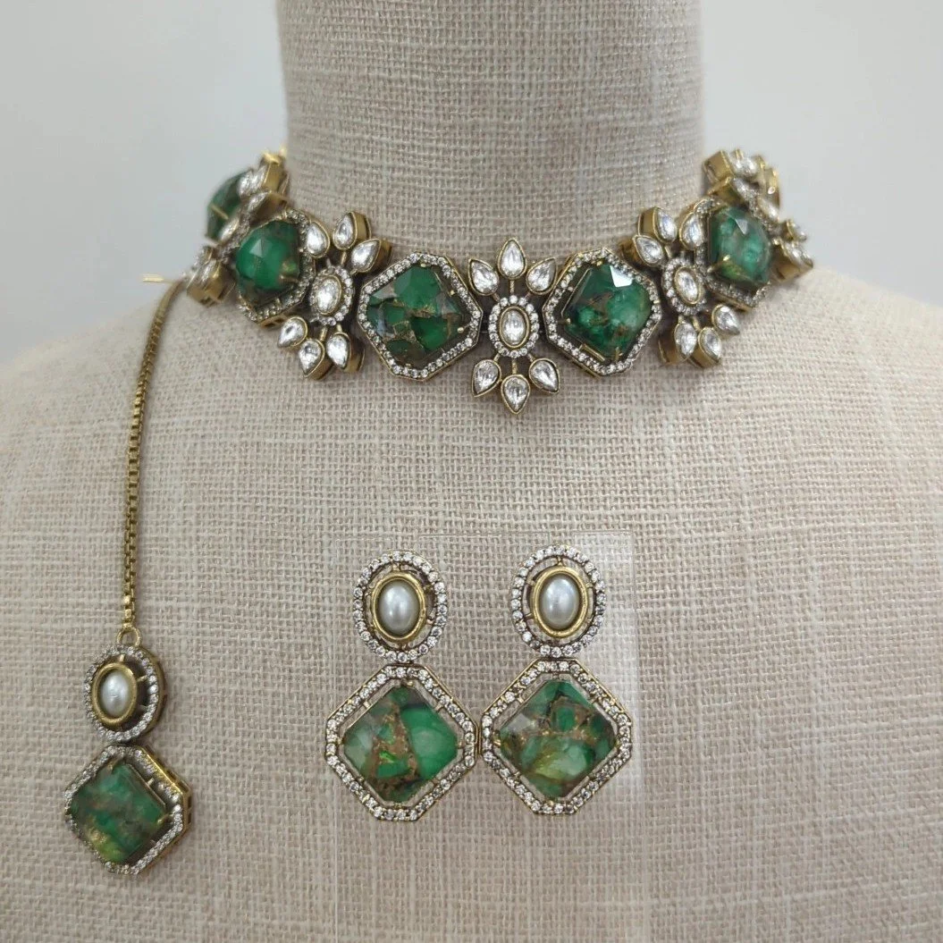 Green Gold Silver Marble & Moissanite Stone Choker Jewellery Set