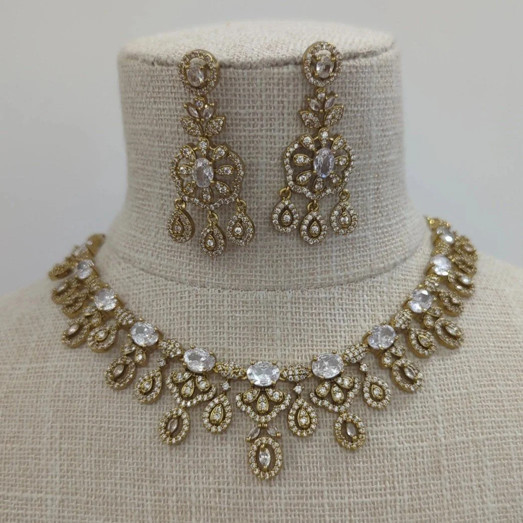 Antique Gold Silver American Diamond Neckline Jewellery Set Indian Wedding Party