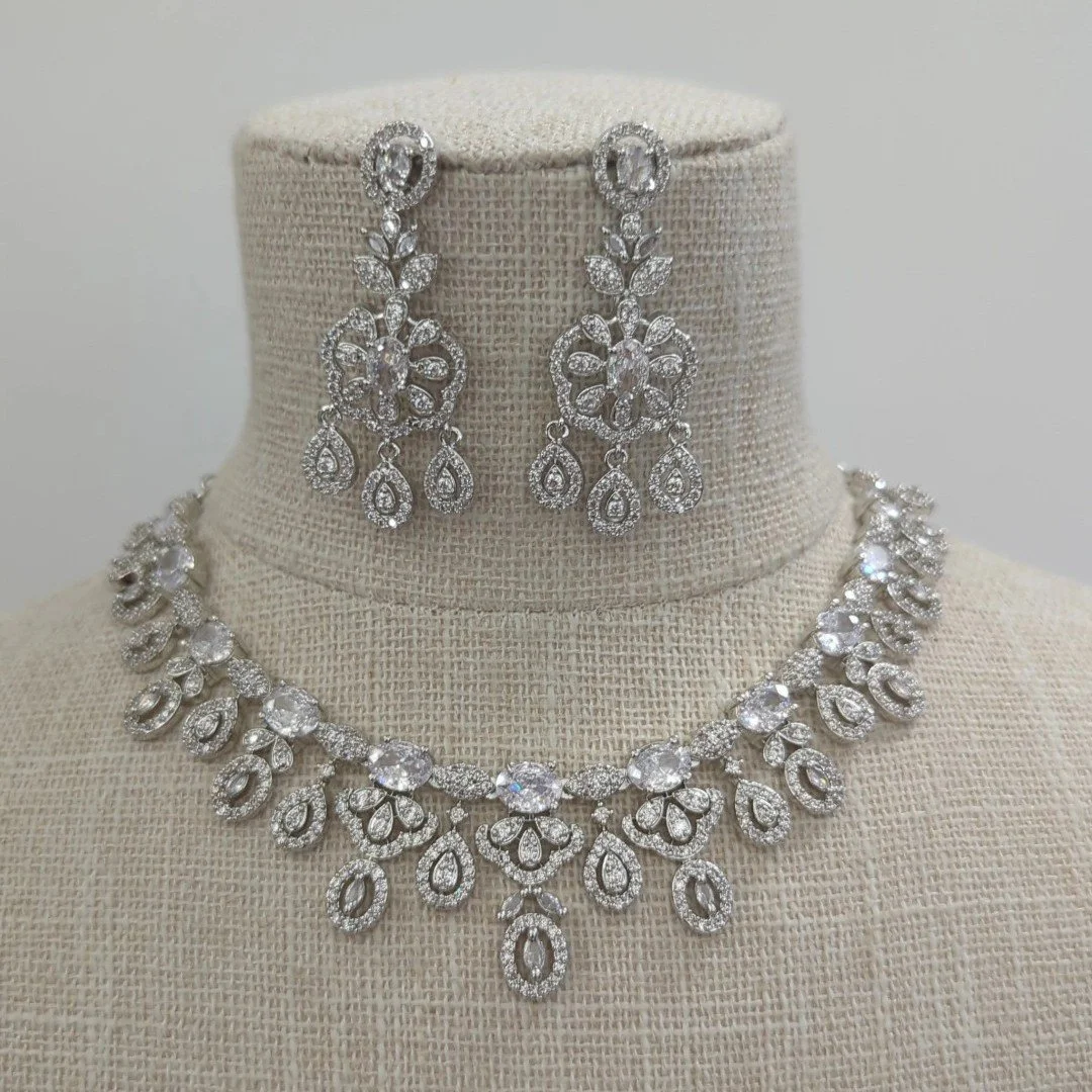 Full Silver American Diamond Neckline Jewellery Set Indian Wedding Party