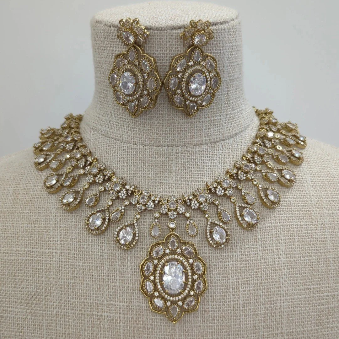 Antique Gold Silver Pendant Drop American Diamond Necklace Jewellery Jewelry Set Wedding Party