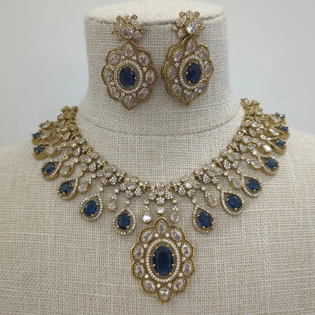 Dark Blue Antique Gold Silver Pendant Drop American Diamond Necklace Jewellery Jewelry Set Wedding Party